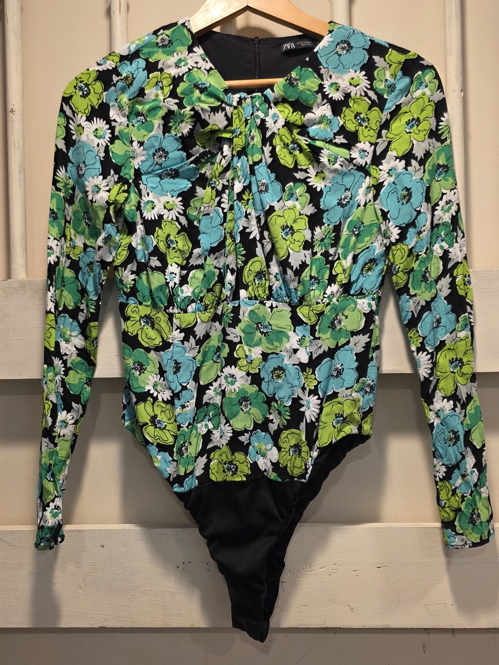 ZARA Peek A Boo Long-Sleeve Floral One-Piece Swimsuit - Green/Blue